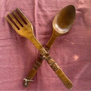 Napcoware | Vintage Hand-carved Giant Wooden Tiki Spoon & Fork Hanging Decor